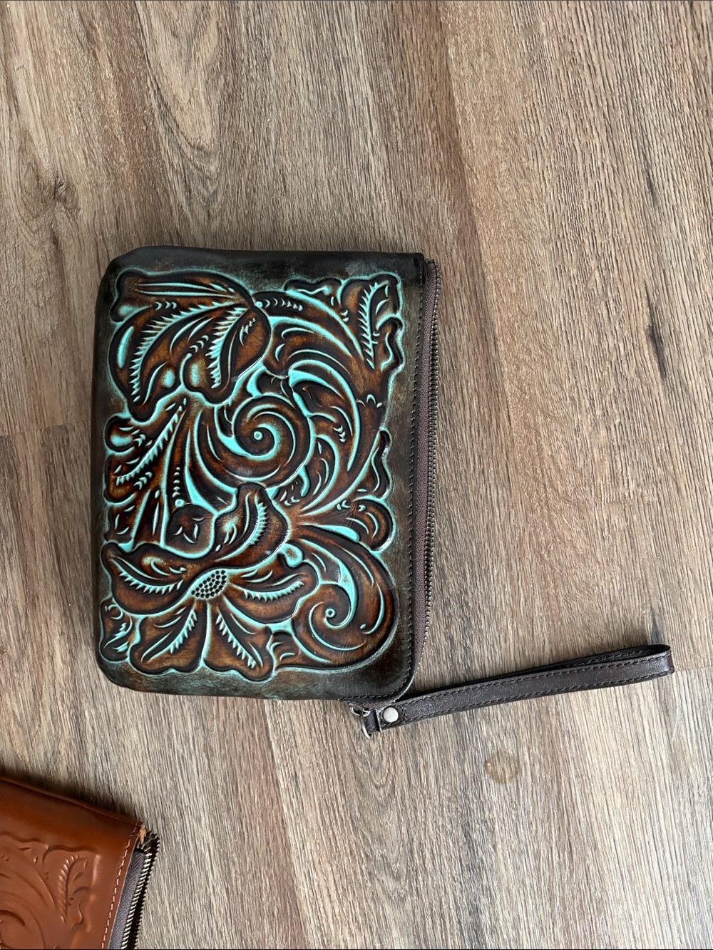 Patricia Nash Brown and Turquoise Tooled Leather Wristlet
